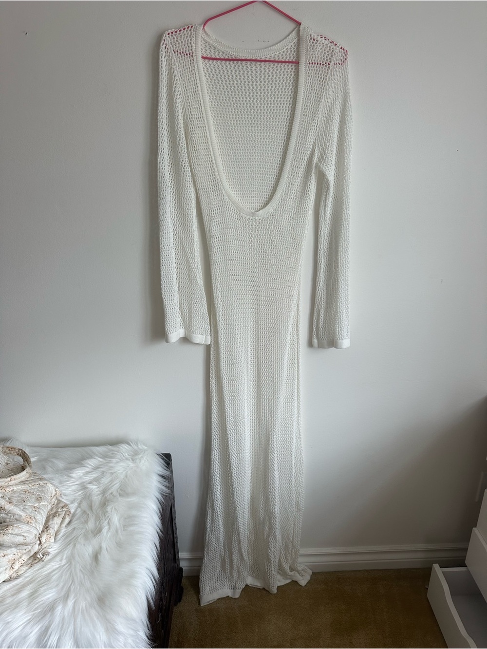 Long Sleeve White Knit Maxi swim Coverup